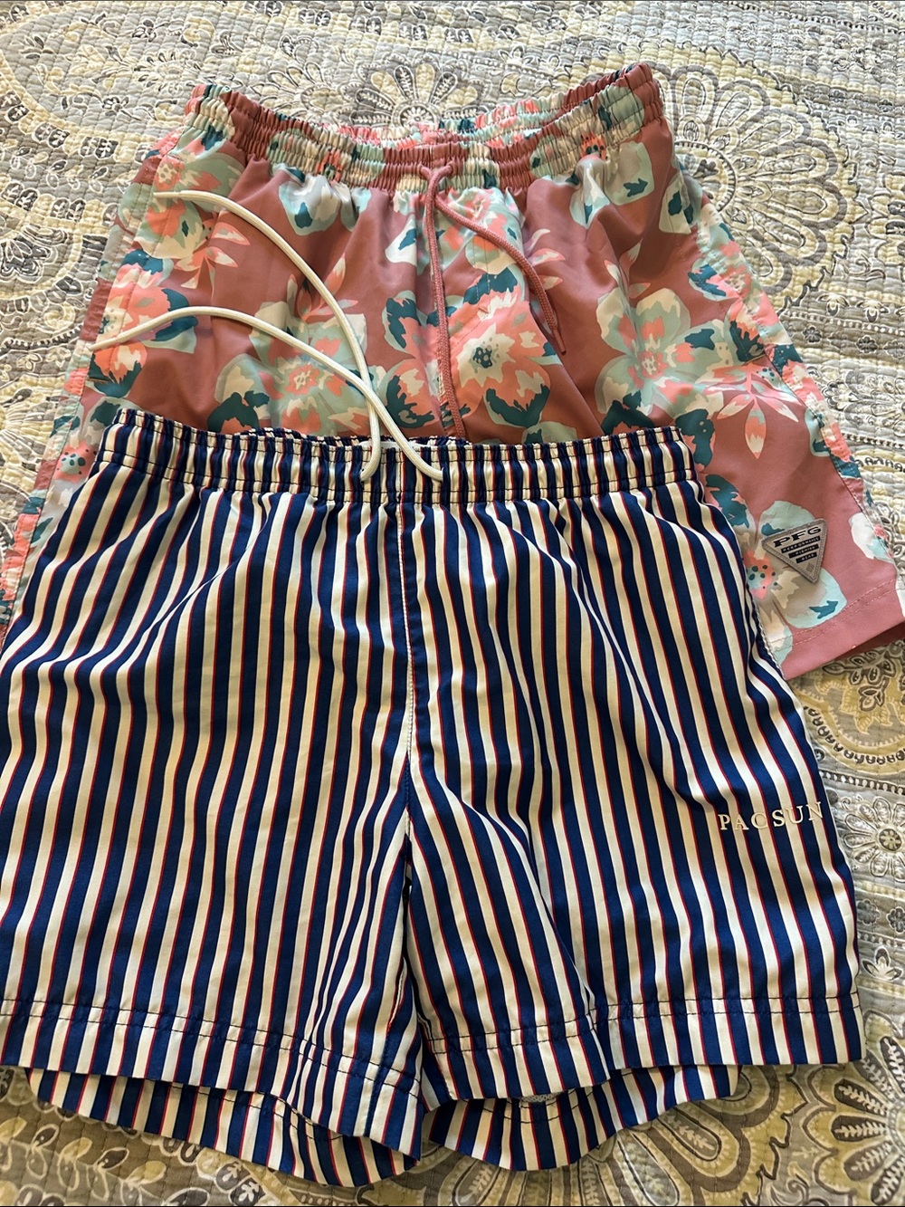 Striped Navy, Red and White PACSUN & Pink Floral Columbia PFG Swim Shorts